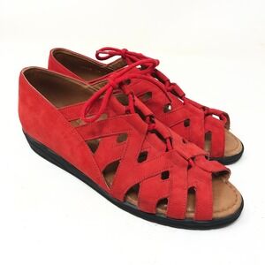 BeautiFeel Womens 38 Sandals Edyta Red Nubuck Leather Lace Up Cut Out Flats